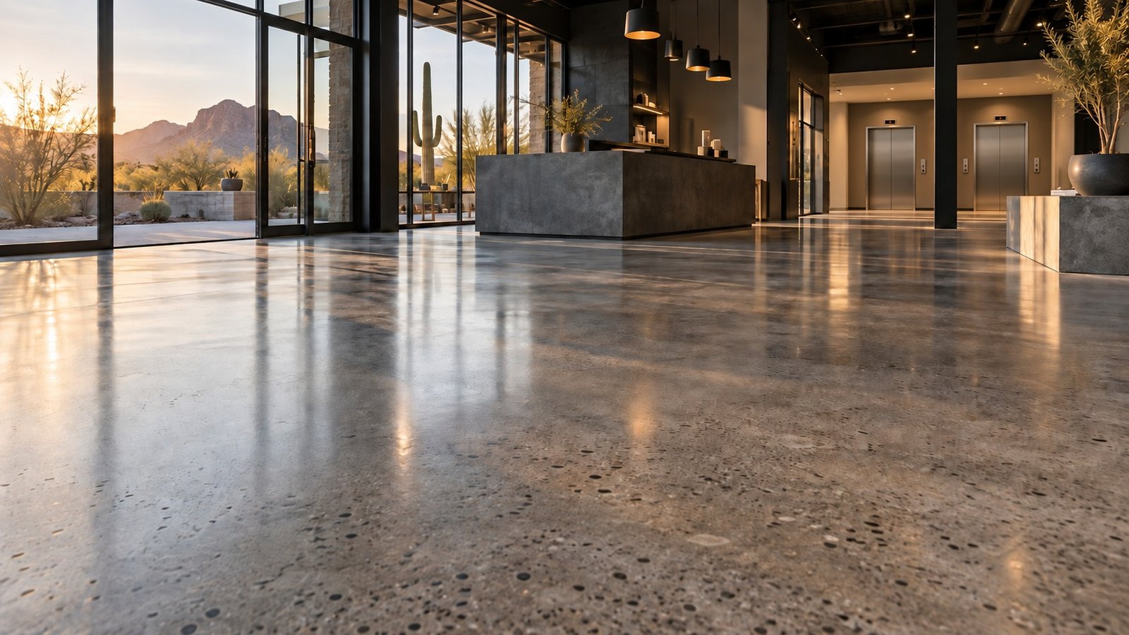 Polished concrete flooring in an Arizona office lobby with elevators