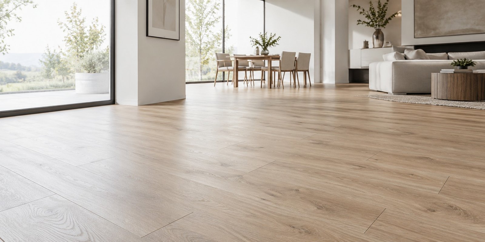 Warm laminate flooring in a light interior